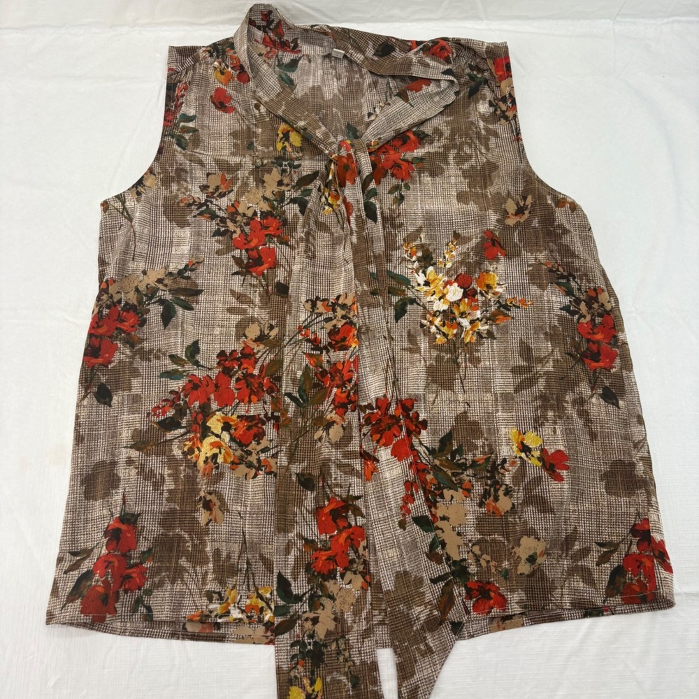 Talbots Womens Medium Brown Floral Grid Tie Neck Sleeveless Blouse Shell Top